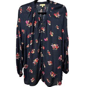 Democracy size L navy floral smocked neck and cuffs long sleeve Boho poet top